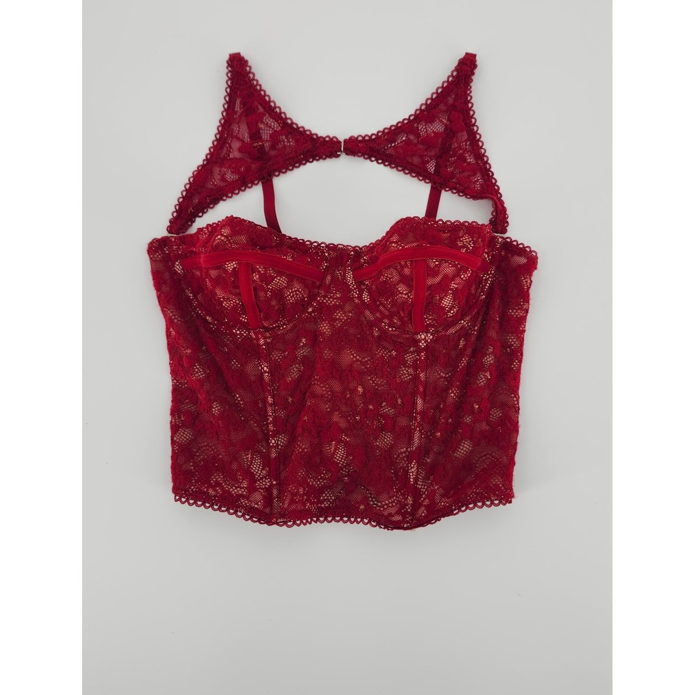 Unbranded Burgundy Red Floral Lace Corset Top Cutout Halter S Bustier Zip Back